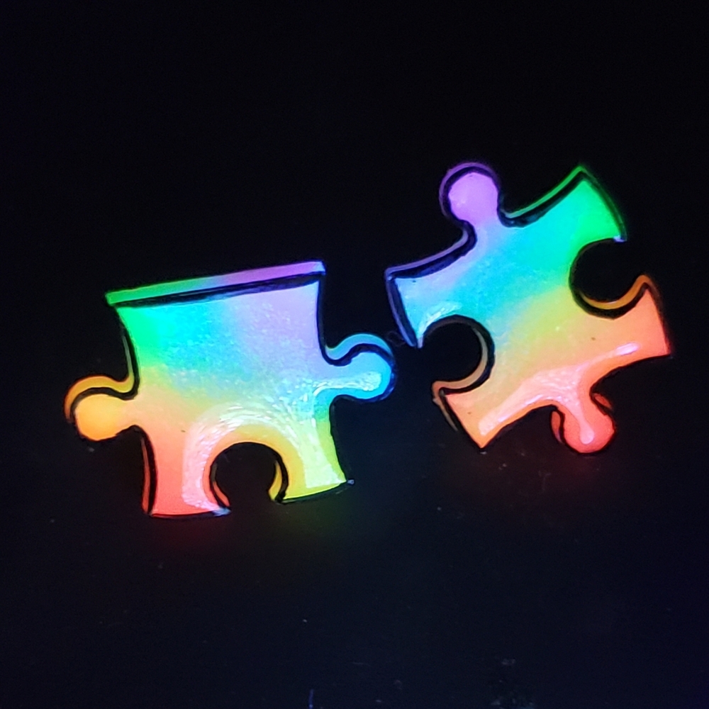 Handmade Rainbow Puzzle Pieces Stud Earrings - Reacts to UV Light